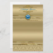 Faux Sapphire Blue Gemstone Metallic Gold Damask Briefpapier (Voorkant / Achterkant)