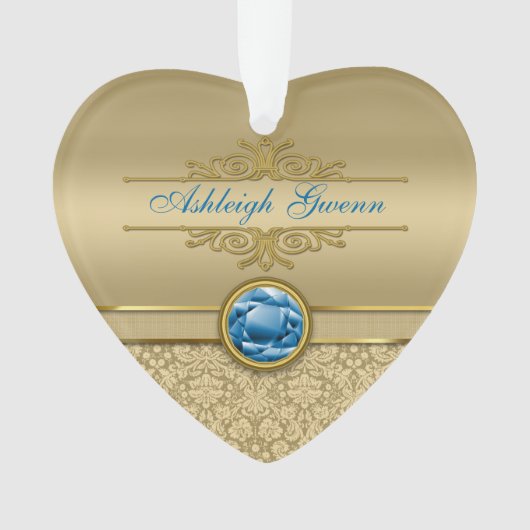 Faux Sapphire Blue Gemstone Metallic Gold Damask Ornament (voorkant)