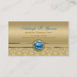 Faux Sapphire Blue Gemstone Metallic Gold Damask Visitekaartje