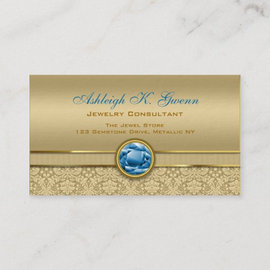 Faux Sapphire Blue Gemstone Metallic Gold Damask Visitekaartje (Voorkant)