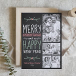 Faux schoolbord vrolijk kerstfeest drie foto feestdagenkaart<br><div class="desc">Stuur uw vakantiewensen naar vrienden en familie met deze aanpasbare kerstkaart. Deze kerstkaart is voorzien van handgeschreven typografie. Personaliseer door uw gegevens toe te voegen. Deze foto kerstkaart is verkrijgbaar in andere kleuren en cardstock. Overeenkomende objecten zijn beschikbaar.</div>