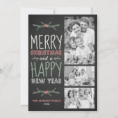 Faux schoolbord vrolijk kerstfeest drie foto feestdagenkaart (Voorkant)