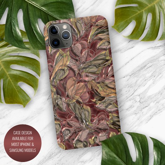 Faux Shiny Dark Red Green Gold Floral Art Pattern iPhone Hoesje