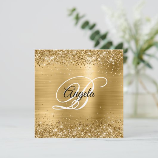 Faux Shiny Gold Glitter Brushed Folie Monogram Kaart (Staand voorkant)