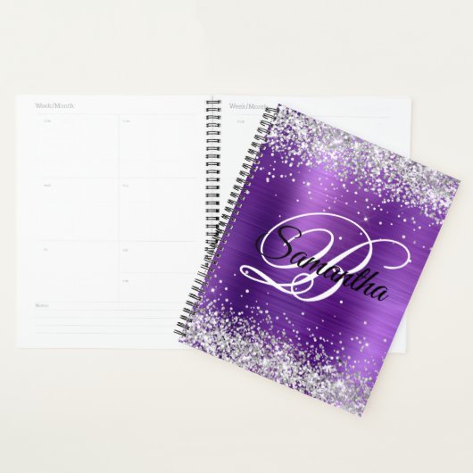 Faux Shiny Silver Glitter Amethyst Folie Monogram Planner (Display)