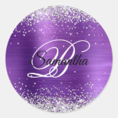 Faux Shiny Silver Glitter Amethyst Folie Monogram Ronde Sticker (Voorkant)