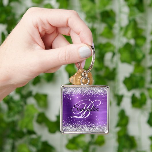 Faux Shiny Silver Glitter Amethyst Folie Monogram Sleutelhanger (Hand)