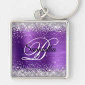 Faux Shiny Silver Glitter Amethyst Folie Monogram Sleutelhanger (Voorkant)