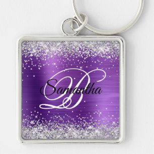 Faux Shiny Silver Glitter Amethyst Folie Monogram Sleutelhanger