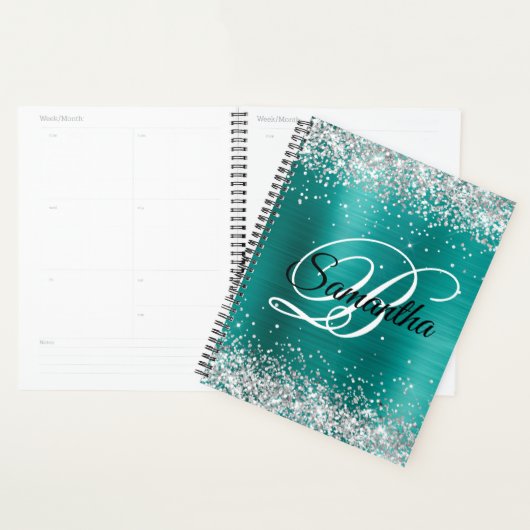 Faux Shiny Silver Glitter Aqua Blauwgroen Folie Mo Planner (Display)
