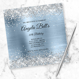 Faux Shiny Silver Glitter Bleek Blue Folie Monogra Kaart