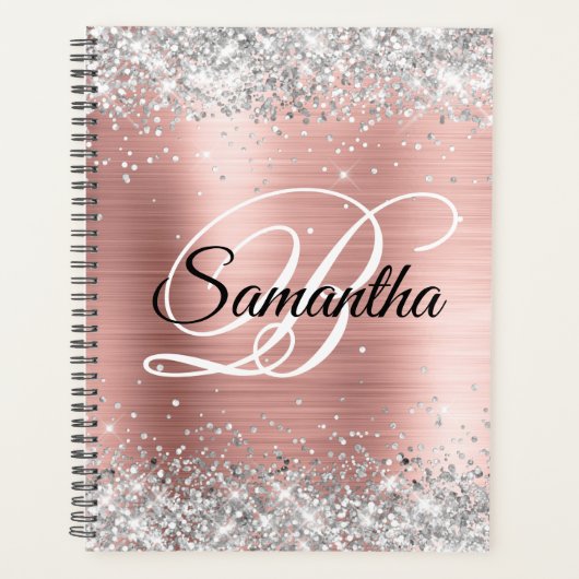 Faux Shiny Silver Glitter Blush Roos Folie Monogra Planner (Voorkant)