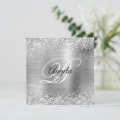 Faux Shiny Silver Glitter Brushed Metal Monogram Kaart (Staand voorkant)