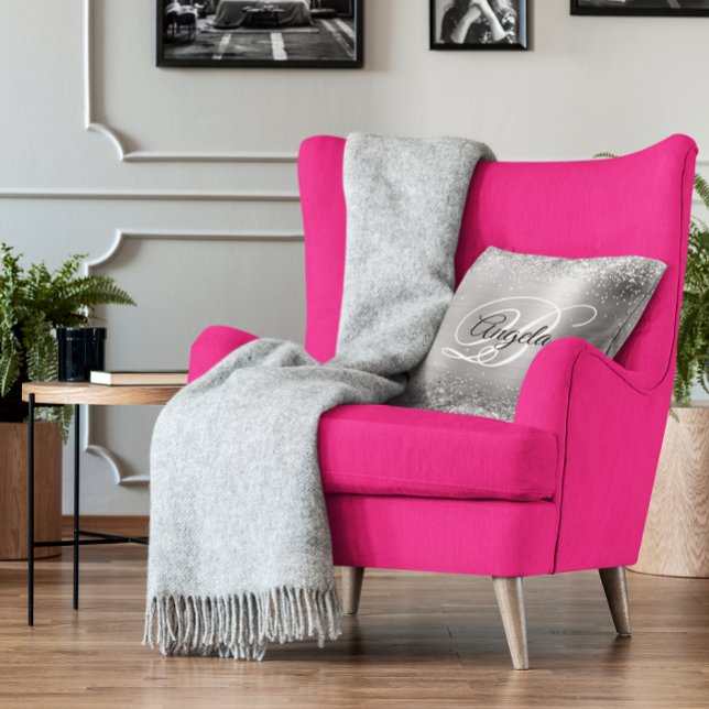 Faux Shiny Silver Glitter Brushed Metal Monogram Kussen (Silver Glitter Brushed Metal Monogram Throw Pillow)