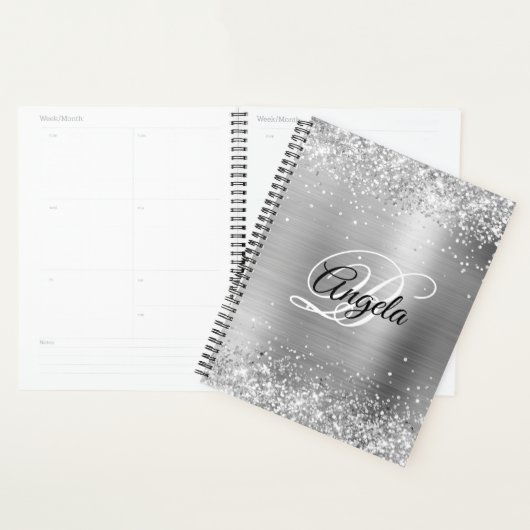 Faux Shiny Silver Glitter Brushed Metal Monogram Planner (Display)
