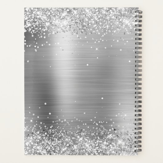 Faux Shiny Silver Glitter Brushed Metal Monogram Planner (Achterkant)