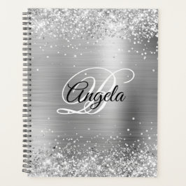 Faux Shiny Silver Glitter Brushed Metal Monogram Planner