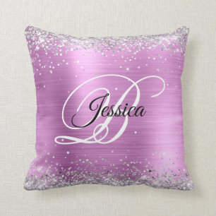 Faux Shiny Silver Glitter Lavender Folie Monogram Kussen