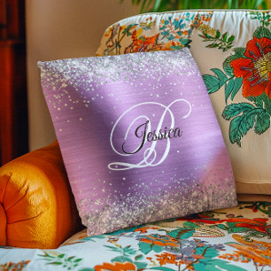 Faux Shiny Silver Glitter Lavender Folie Monogram Kussen