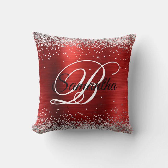 Faux Shiny Silver Glitter Red Folie Monogram Kussen (Voorkant)