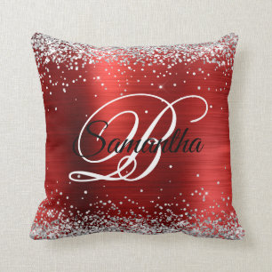 Faux Shiny Silver Glitter Red Folie Monogram Kussen