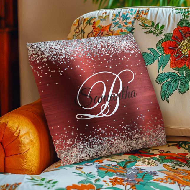 Faux Shiny Silver Glitter Red Folie Monogram Kussen (Faux Shiny Silver Glitter Red Foil Monogram Throw Pillow)