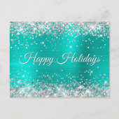 Faux Shiny Silver Glitter Turquoise Folie Happy Feestdagenkaart (Voorkant)