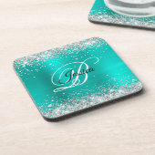 Faux Shiny Silver Glitter Turquoise Folie Monogram Bier Onderzetter (Linkerzijde)