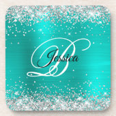 Faux Shiny Silver Glitter Turquoise Folie Monogram Bier Onderzetter (Voorkant)