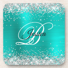 Faux Shiny Silver Glitter Turquoise Folie Monogram Bier Onderzetter