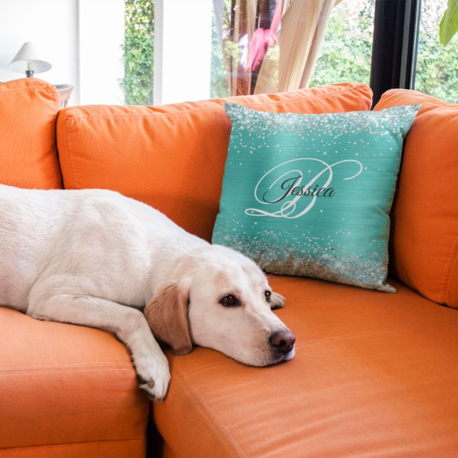 Faux Shiny Silver Glitter Turquoise Folie Monogram Kussen (Silver Glitter Turquoise Foil Monogram Throw Pillow)