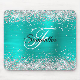 Faux Shiny Silver Glitter Turquoise Folie Monogram Muismat