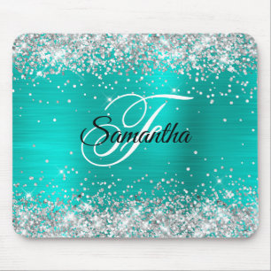 Faux Shiny Silver Glitter Turquoise Folie Monogram Muismat