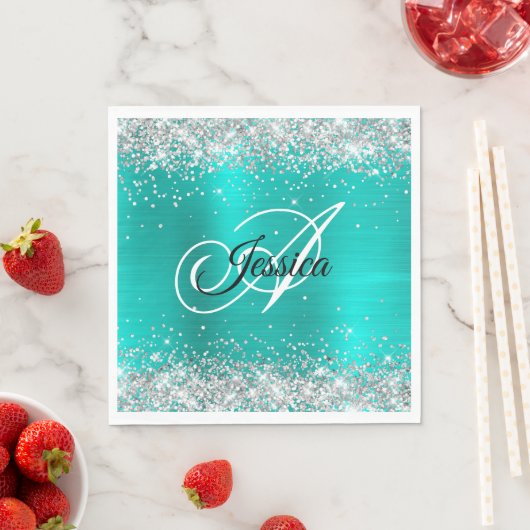 Faux Shiny Silver Glitter Turquoise Folie Monogram Servet (Insitu)