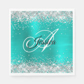 Faux Shiny Silver Glitter Turquoise Folie Monogram Servet (Voorkant)