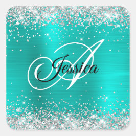 Faux Shiny Silver Glitter Turquoise Folie Monogram Vierkante Sticker