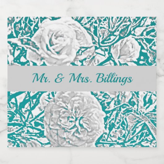 Faux Silk Embossed Illusion Roos/turquoise Sparkling Wijnetiket (Enkel label)