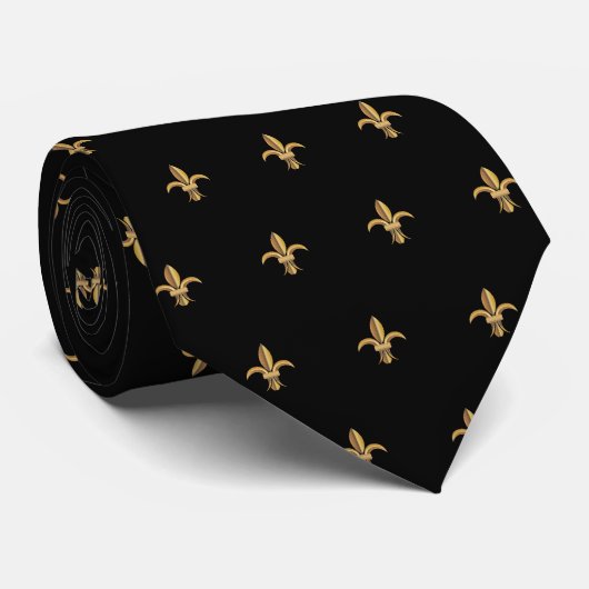 Faux Silk Zwart Goud Fleur de Lis Luxe Stropdas (Opgerold)