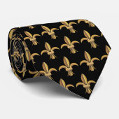 Faux Silk Zwart Goud Fleur de Lis Luxe Stropdas (Opgerold)