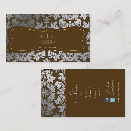Faux Silver Baroque damask/DIY chocolade Visitekaartje (Voorkant / Achterkant)