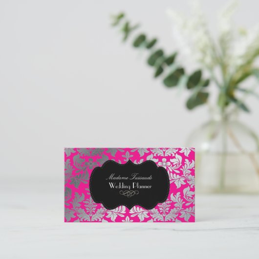 Faux Silver Baroque Damask/DIY kleuren roze + zwar Visitekaartje (Staand voorkant)