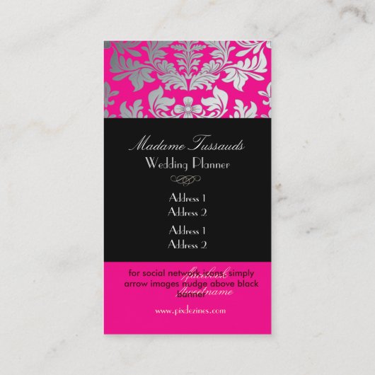 Faux Silver Baroque Damask/DIY kleuren roze + zwar Visitekaartje (Achterkant)