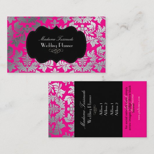 Faux Silver Baroque Damask/DIY kleuren roze + zwar Visitekaartje (Voorkant / Achterkant)