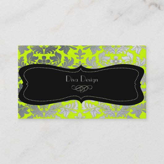 Faux Silver Baroque demask fluorescent green/black Visitekaartje (Voorkant)