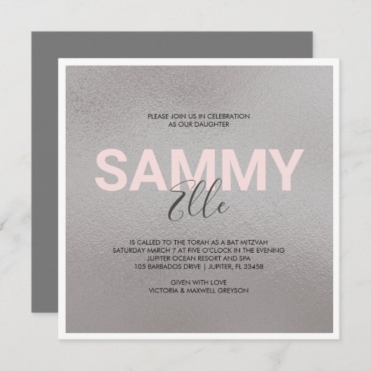 Faux Silver Bat Mitzvah Uitnodiging (Voorkant / Achterkant)
