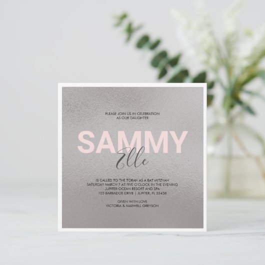 Faux Silver Bat Mitzvah Uitnodiging (Staand voorkant)