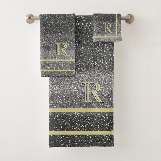 Faux Silver Black Gold Uniek 3 kleurenmonogram Bad Handdoek (Insitu)