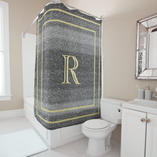 Faux Silver Black Gold Unieke drie kleurenmonogram Douchegordijn (In situ)