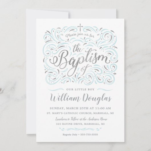 Faux Silver Boy Baptism Invitation Kaart (Voorkant)