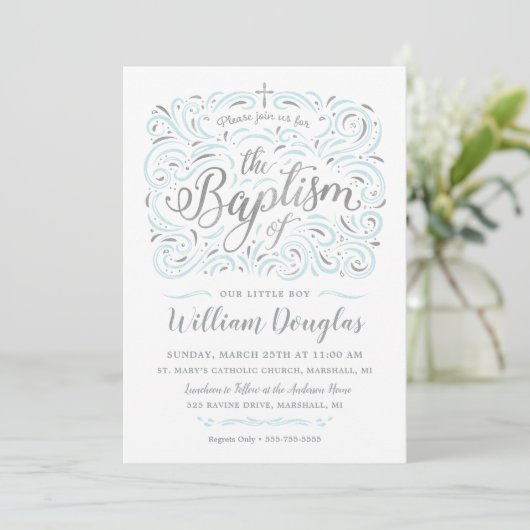 Faux Silver Boy Baptism Invitation Kaart (Staand voorkant)